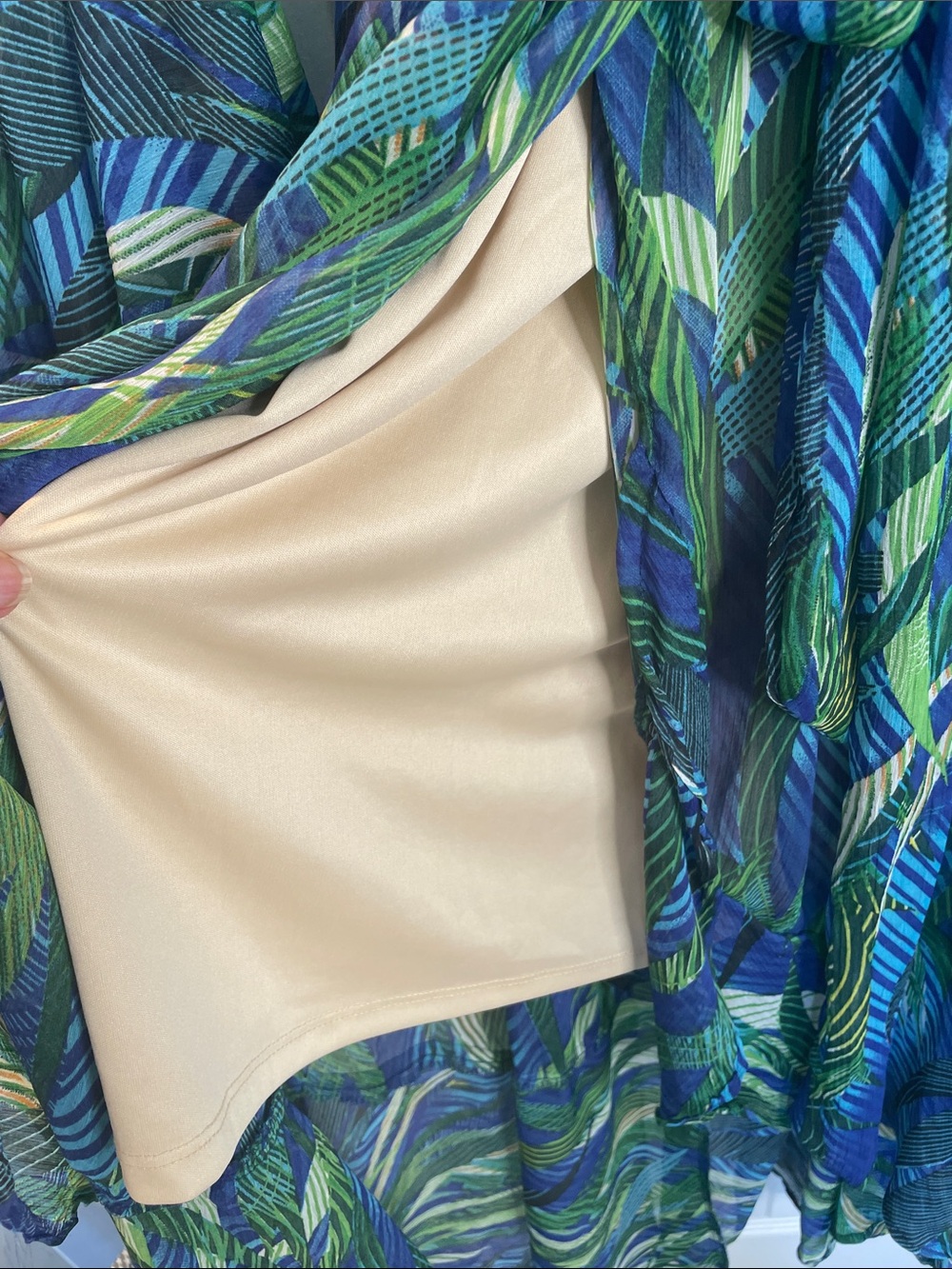 UNE AME BLUE GREEN LEAF TROPICAL PRINT FAUX WRAP HI-LOW MAXI DRESS SZ XL - Picture 10 of 13